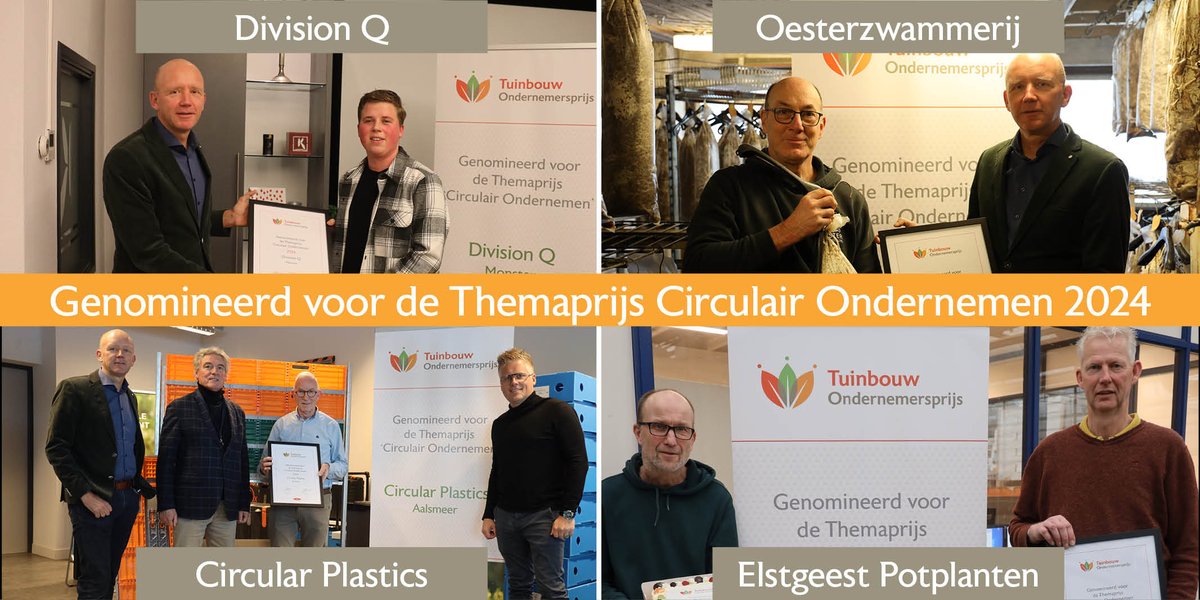De vier genomineerden voor de Themaprijs Circulair Ondernemen zijn bekend! Divison Q, Oesterzwammerij, Circular Plastics en Elstgeest Potplanten, van harte gefeliciteerd! 

De Themaprijs is mede mogelijk gemaakt door onze regio-partner <a href="/GreenportA/">Greenport Aalsmeer</a> 

#TOPtuinbouw