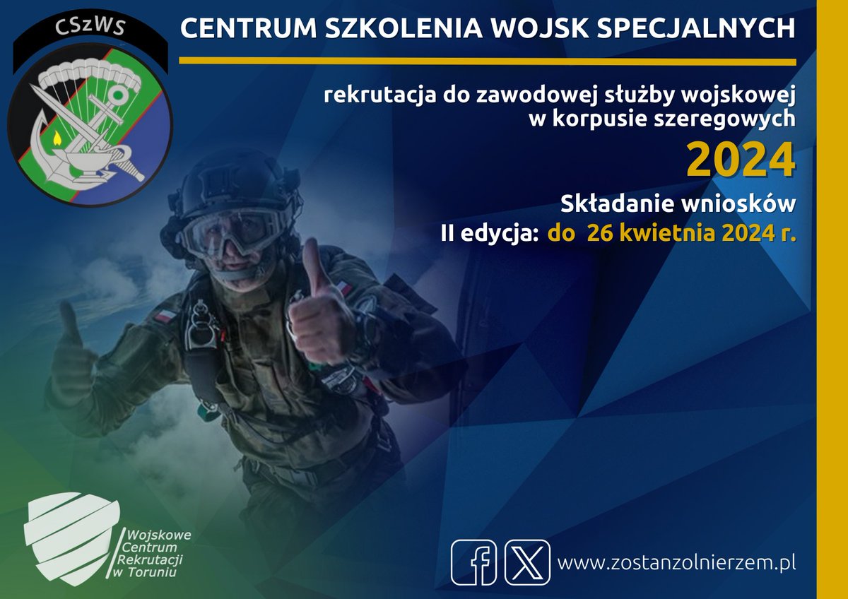 WCRTorun's tweet photo. 📢 Trwa nabór do #CSzWS na szkolenie wojskowe kandydatów do #ZSW w korpusie szeregowych❗
✅ Przyjdź i złóż 📝#wniosek do #WCR
✅ Termin 👉 do:
II edycja - 𝟮𝟲.𝟬𝟰.𝟮𝟬𝟮𝟰 𝗿.
Więcej ℹ️ 👉 https://t.co/lgjj0VZx0W
#ZostańŻołnierzem 🇵🇱
#DołączDoNas
#JATA https://t.co/iAghnAjGix