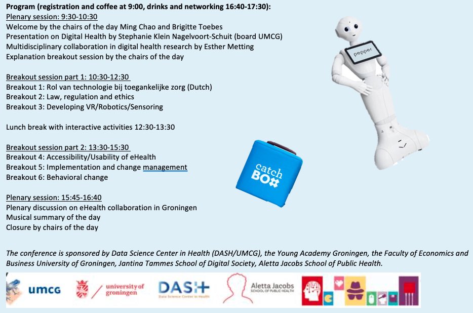 We hereby invite you for the conference "Ehealth connect conference: bridging disciplines for scientific research collaboration."  This conference is free of charge takes place March 7 2024, House of Connections in Groningen. Subscribe before 23/2 via:
lnkd.in/eR5BrByd