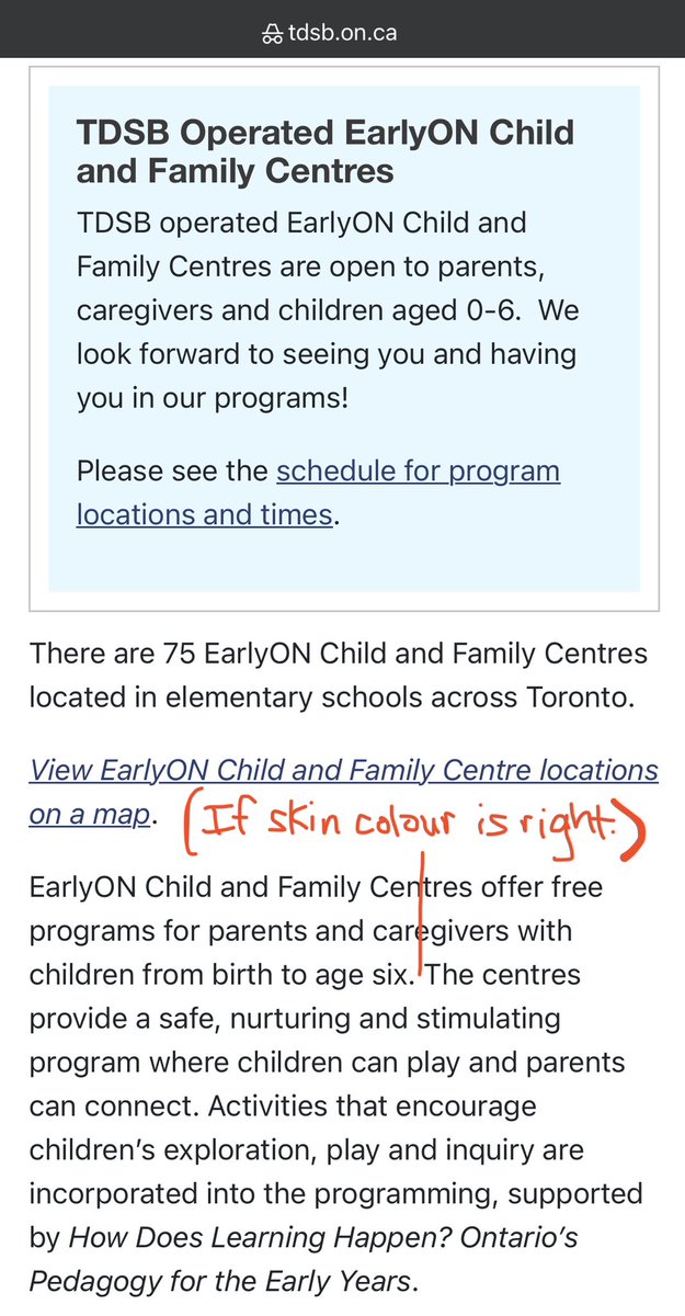 ChanLPfa's tweet photo. On the Toronto District School Board website, it says there are 75 EarlyON Child and Family Centres located in schools across Toronto — spaces where children can play and parents can connect.

Nowhere on the @tdsb website does it mention that access to these programs can be determined by SKIN COLOUR. Only black children/families get to attend!

Oh, and they’ll receive a free grocery gift card, free dinner, etc. for doing so!

Blatant racial discrimination in Ontario—yet again—and @Sflecce continues to be asleep at the wheel.