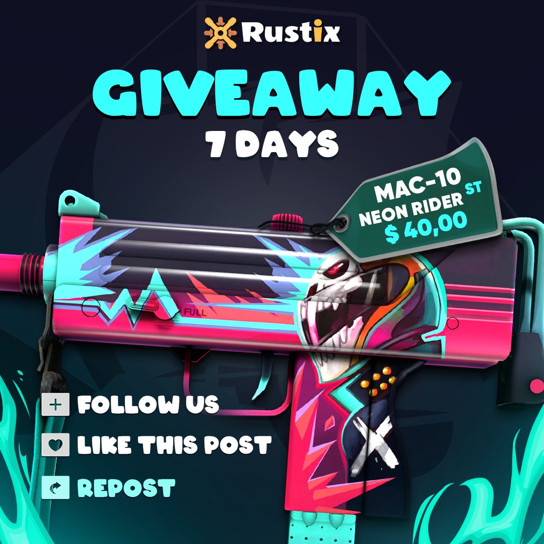 bugucsgo's tweet image. 🎁ST MAC-10 | NEON RIDER ($40)

👉TO ENTER :

✅Follow me &amp;amp; @rustix_io
✅Retweet + Like
✅Tag 1 Friend 

⏰Giveaway ends in 7 days!  

#CS2 #cs2giveaway #CSGO