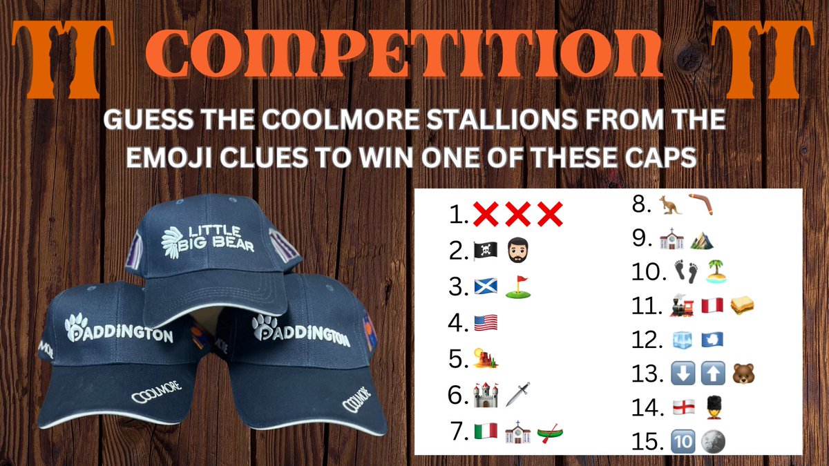 ThoroughbrdTale's tweet photo. ⭐️ COMPETITION ⭐️ 
Thanks to Coolmore Stud we have 3 caps of their exciting new stallions to give away.
To enter just REPLY with your answers to the emoji clues, RETWEET this post and FOLLOW @ThoroughbrdTale and @coolmorestud before Friday 19th 8pm GMT #ThoroughbredTales
More information on Coolmore stallions at https://t.co/bJ5e7VOypi