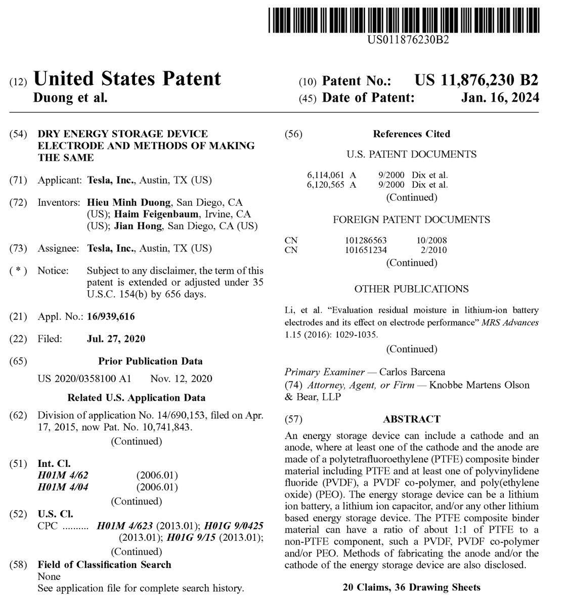Chansoo's tweet photo. *breaking* @Tesla's new patent on 4680 cells (Dry energy storage device electrode and methods of making the same) is published today Jan 16th, 2024.

the patent shows how Tesla is using dry cathodes and/or anodes for the 4680 Cyber cells!! 

this is a very material patent for $TSLA 

https://t.co/UToLJZTJV4

@teslaenergy @baglino @wholemars @SawyerMerritt @farzyness @Tesla_Optimus @SERobinsonJr  @LimitingThe @elonmusk @robmaurer @dillonloomis