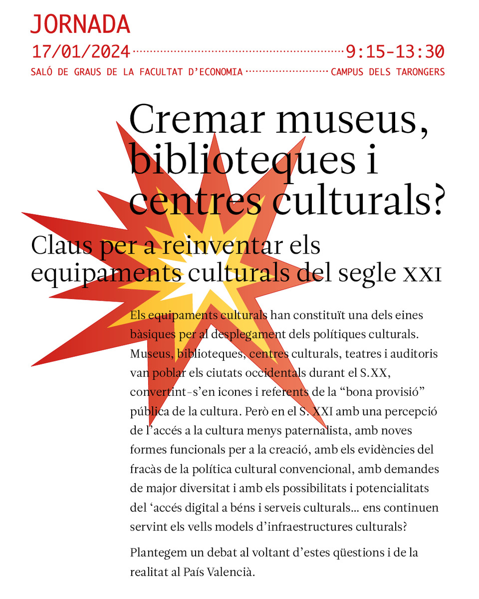 CREMAR MUSEUS, BIBLIOTEQUES I CENTRES CULTURALS? 
#PaisValencia #CulturasinBarreras
Claus per a reinventar els equipaments culturals del segle xxi uv.es/observatori-cu…