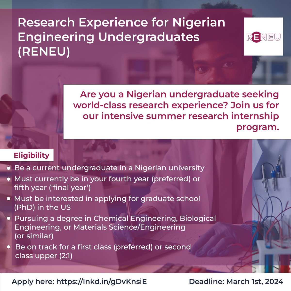 RENEU_program_'s tweet photo. We are excited to announce that applications for the 2024 summer cohort are now open. Immerse yourself in the dynamic world of research and work on real-world projects with mentorship from seasoned experts at leading universities in the US.

Apply: https://t.co/s2Yk5ZBtK6 https://t.co/PXDLDKs2QY