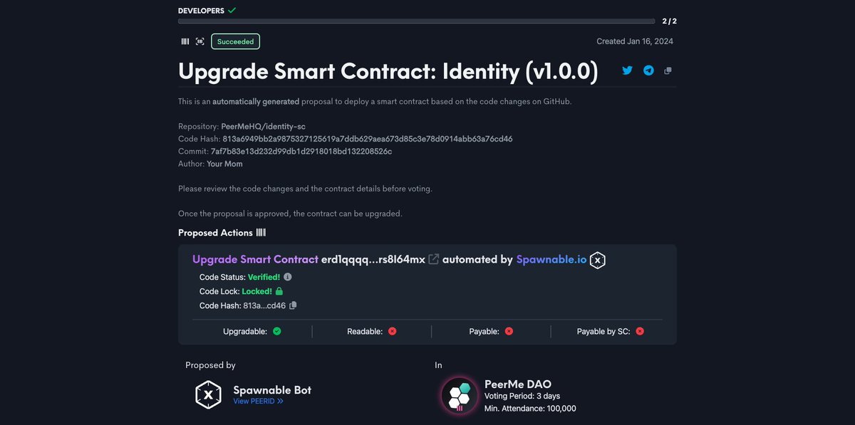 2024 will be the year we release features NEVER seen on blockchain before!⚡️

Some exclusively by PeerMe, and others together with our partners.

Sneak peek: Fully automated smart contract upgrade proposals, leveraging DAO &amp; MultiSig🔥

Only on #MultiversX, powered by PeerMe✅👇