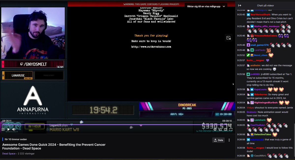 gnydsmelt's tweet photo. Wow, I am so grateful for this! The run went super smooth and it was my first time doing solo commentary for an awesome audience of 60 thousand people watching (!) Thank everyone who supported me and donated for the cause! <3333 @GamesDoneQuick  @deaddropstudios #preventcancer https://t.co/TcHZrB9KTK