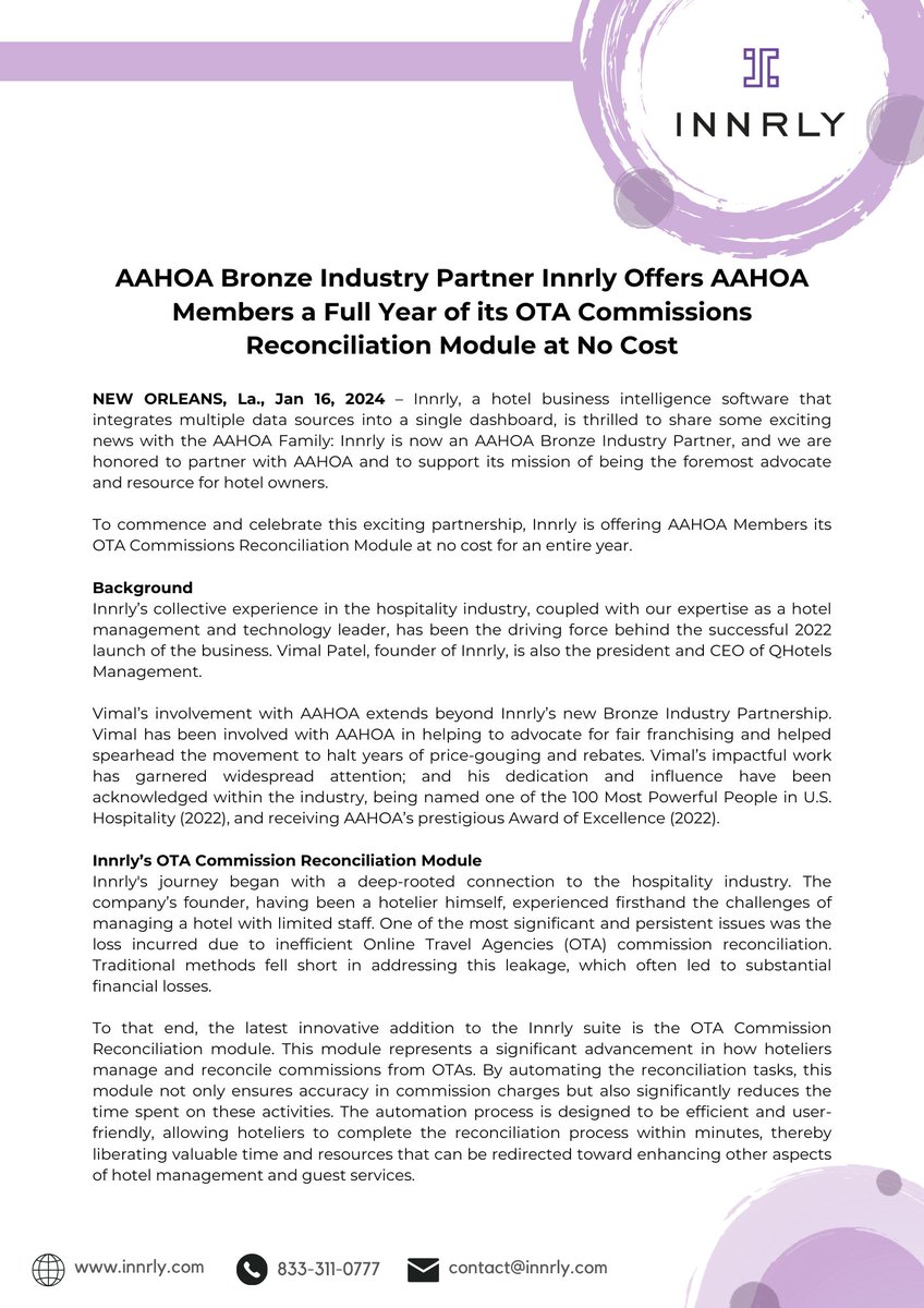 Innrlyy's tweet photo. Breaking Announcement for AAHOA Members! Innrly, a Bronze Industry Partner of AAHOA, is offering a Full Year of its OTA Commissions Reconciliation Module at NO COST to AAHOA members.
Visit https://t.co/TysiIDBScR to sign up.

#aahoa #hotelowners #otasavings #trending #hoteliers https://t.co/ta9dXbaP2n