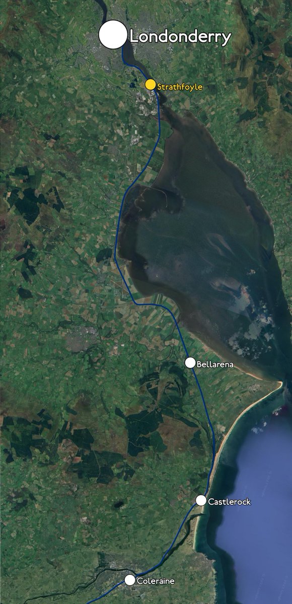 FundTheNINE's tweet photo. Phase Four:
The fourth phase would bring #DuallingNorth into its SECOND key stage.
Dualling the line between #Coleraine & #Londonderry, the capacity increase would then allow for the justification to construct a new railway station at #Strathfoyle.
(6/11) https://t.co/VGmwXrugbW