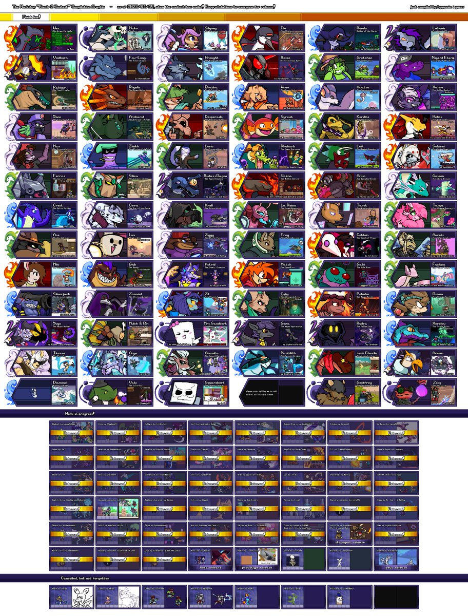 ruins_of's tweet photo. Heyo! The Rivals 2 Contest has reached its end - Even if you couldn't reach completion in time, you've all given it your best! Congratulations to all!
Here's a compilation of all the characters - atleast the known ones - a wonderful roster of everyone involved!
#rivalsofaether https://t.co/0vjYq2U0Bo