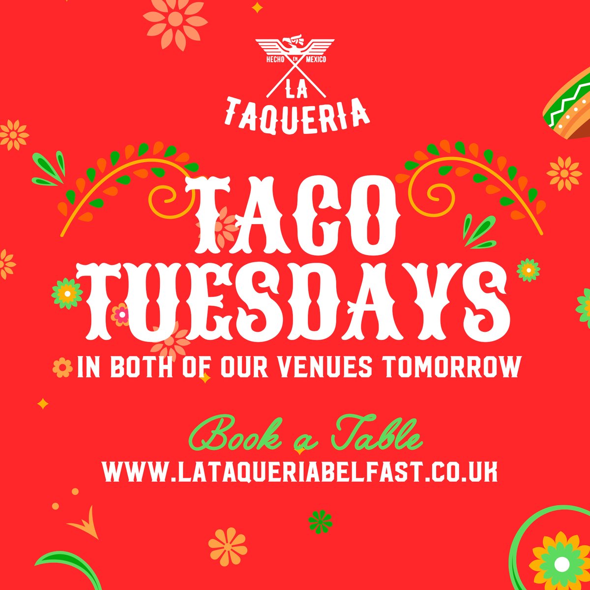 On Tuesdays we all eat Tacos!
#TACOTUESDAYS #LATAQUERIA

lataqueriabelfast.co.uk
#castlestreet #ormeauroad