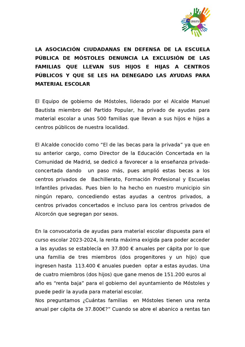 CIDESPU's tweet photo. El Equipo de gobierno de Móstoles, liderado por el Alcalde Manuel Bautista miembro del Partido Popular, ha privado de ayudas para material escolar a unas 500 familias que llevan a sus hijos e hijas a centros públicos de nuestra localidad. https://t.co/HLaq30U7H0