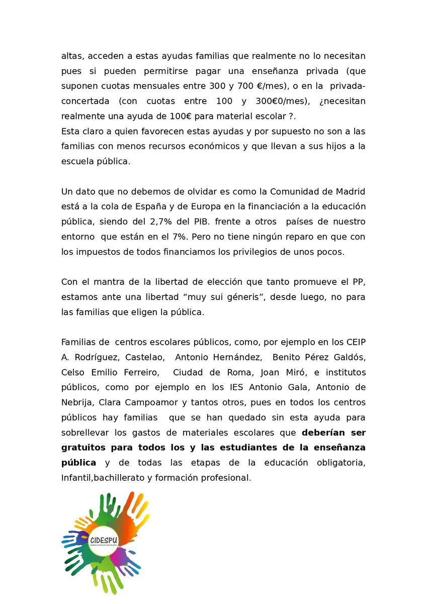 CIDESPU's tweet photo. El Equipo de gobierno de Móstoles, liderado por el Alcalde Manuel Bautista miembro del Partido Popular, ha privado de ayudas para material escolar a unas 500 familias que llevan a sus hijos e hijas a centros públicos de nuestra localidad. https://t.co/HLaq30U7H0
