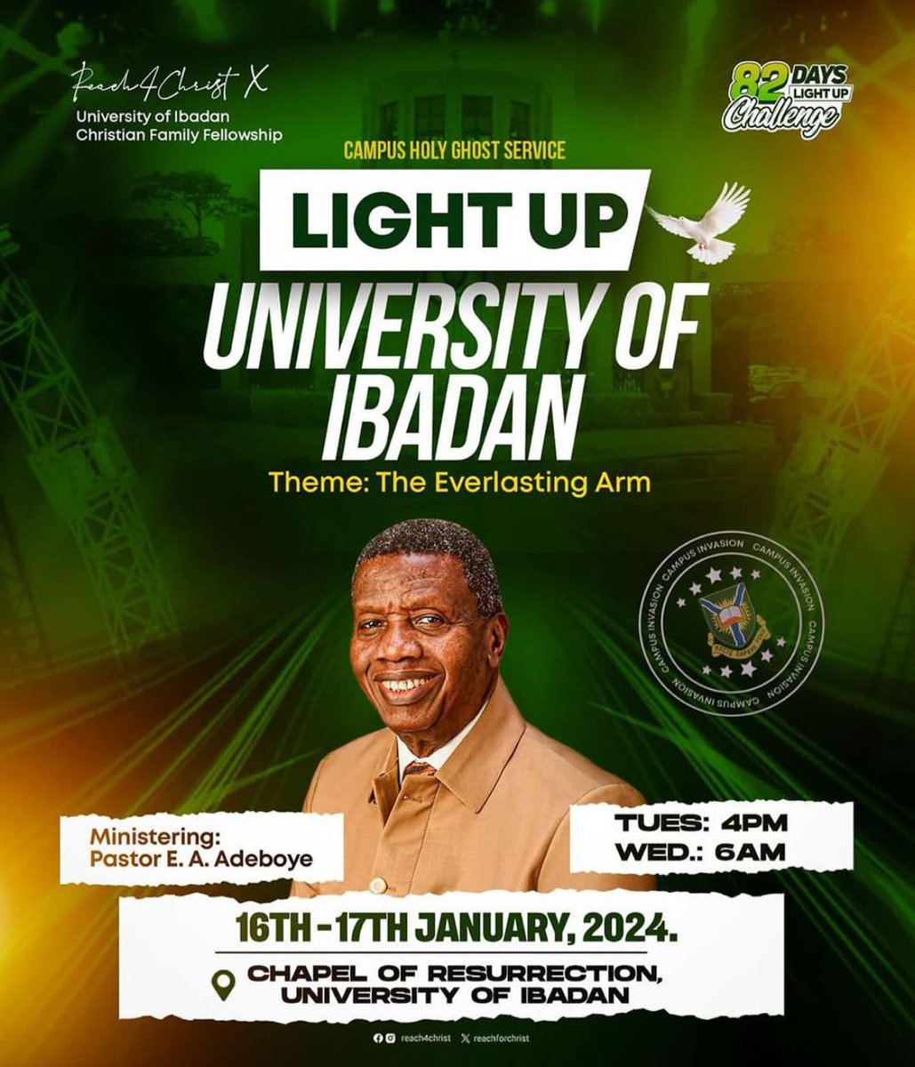 PastorEAAdeboye's tweet photo. Light Up Ibadan Crusade - University of Ibadan

Topic: The Everlasting Arm
Text: Deuteronomy 33:27

#Reach4Christ
#TheEverlastingArm
#CampusHolyGhostService https://t.co/NBrooq5ZCF