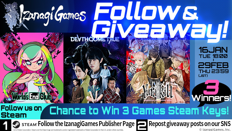 izanagigames's tweet photo. 🎮 Win a set of 3 games from IzanagiGames!
✅ Follow our Steam Publisher Page!
✅ Repost this post!
✅ Win Steam keys for #DeathComeTrue #WorldsEndClub #Yurukill - 3 winners!
🚀Increase your chances by commenting on the campaign posts!
Follow us⬇️
https://t.co/odKRplhEIp https://t.co/JgaGBKqVUb