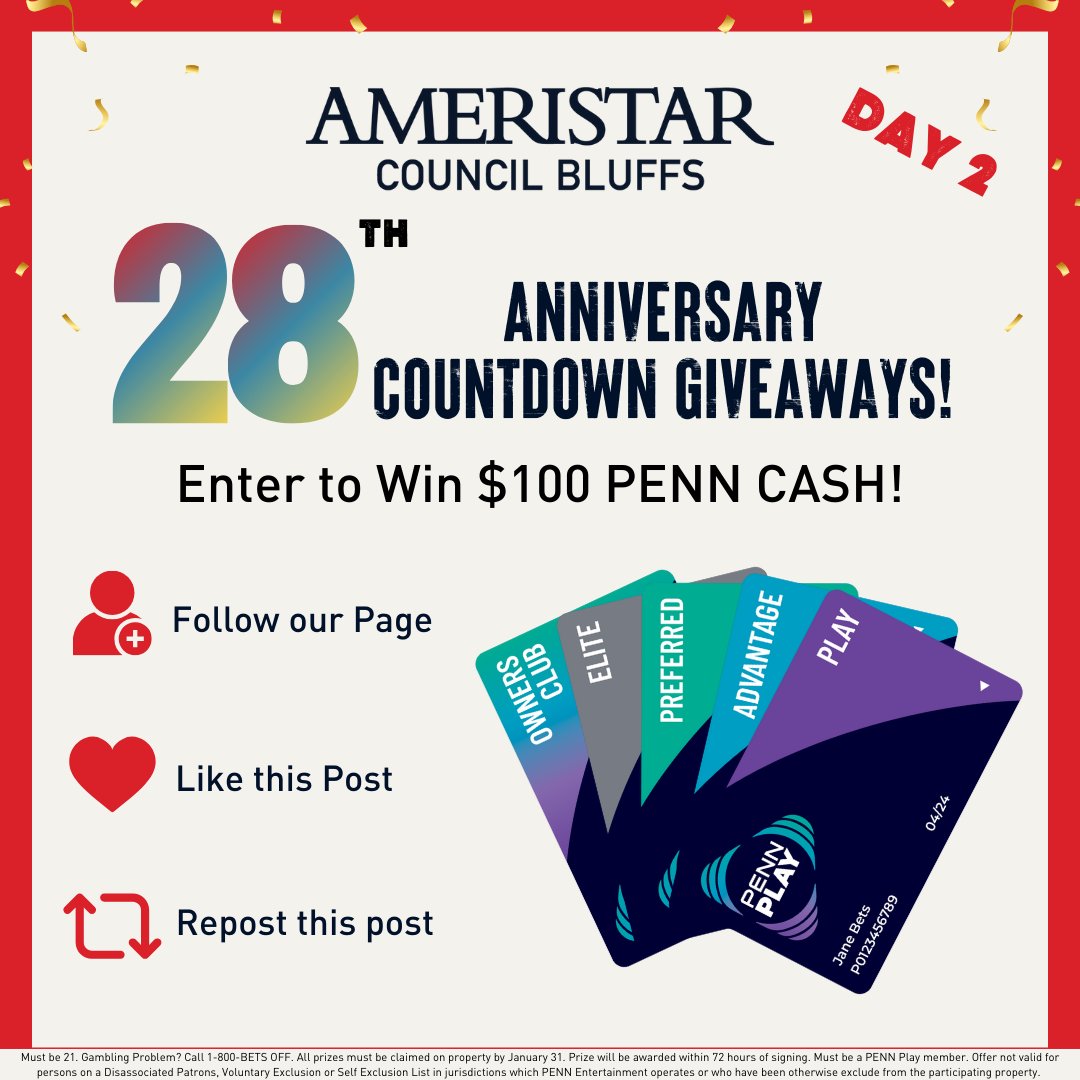 AmeristarCB's tweet photo. Our 28th Anniversary is in 2 days! Don't miss out and enter to win $100 PENN Cash! 

HOW TO ENTER:
FOLLOW OUR PAGE, LIKE and REPOST this post for your chance to score $100 PENN Cash! TWO winners will be randomly selected and announced TOMORROW at noon. Must be a PENN Play member! https://t.co/PIXq1qpiHm