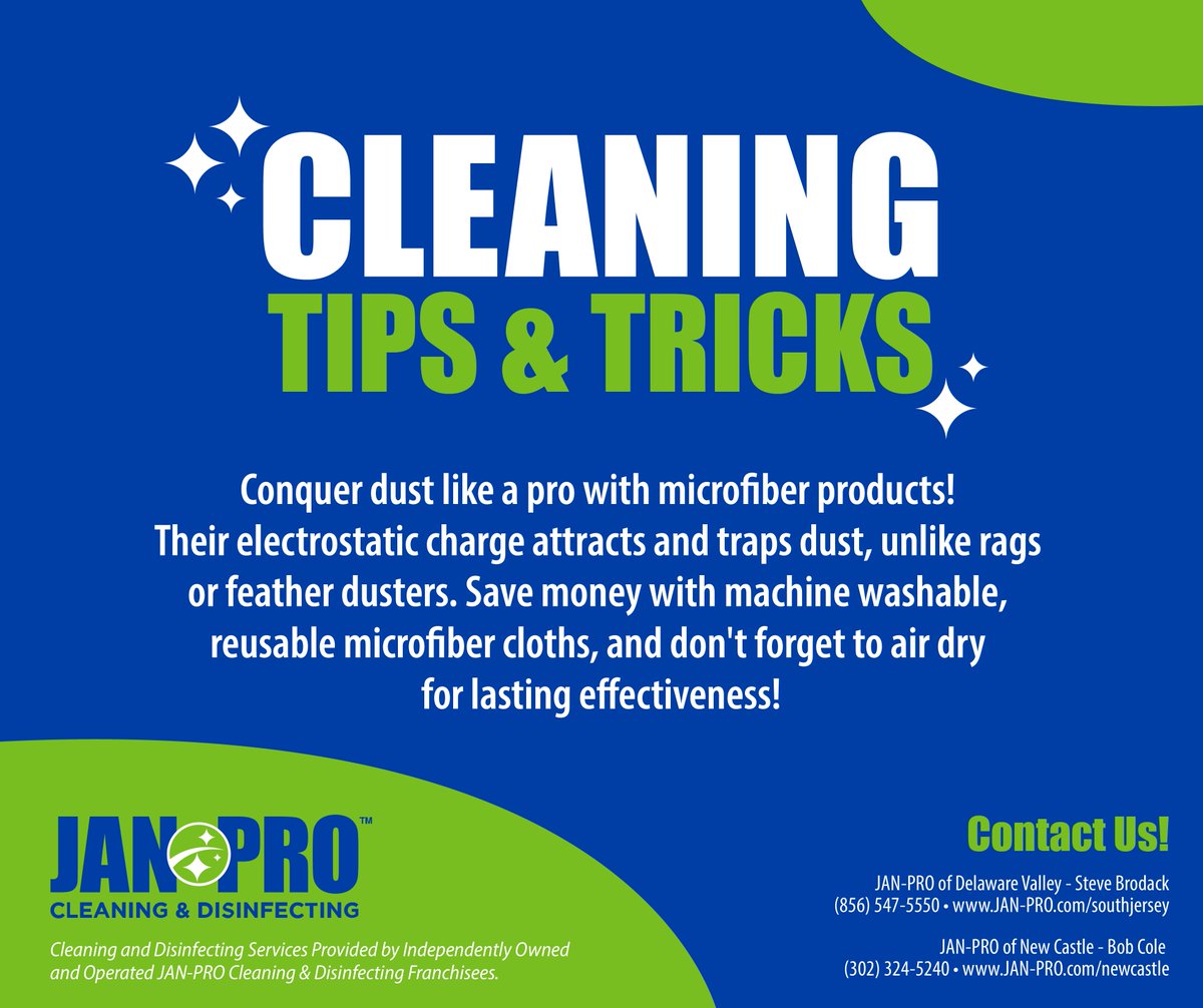JanProNewCastle's tweet photo. Clean right the first time, using microfiber products will give you a better and more efficient cleaning experience. For more cleaning tips check out this resource: https://t.co/nGQS5aieJH.. For more on JAN-PRO visit our site: https://t.co/jHXOip6JRT #DustFreeLiving #Microfiber https://t.co/sHJ7sejQWW