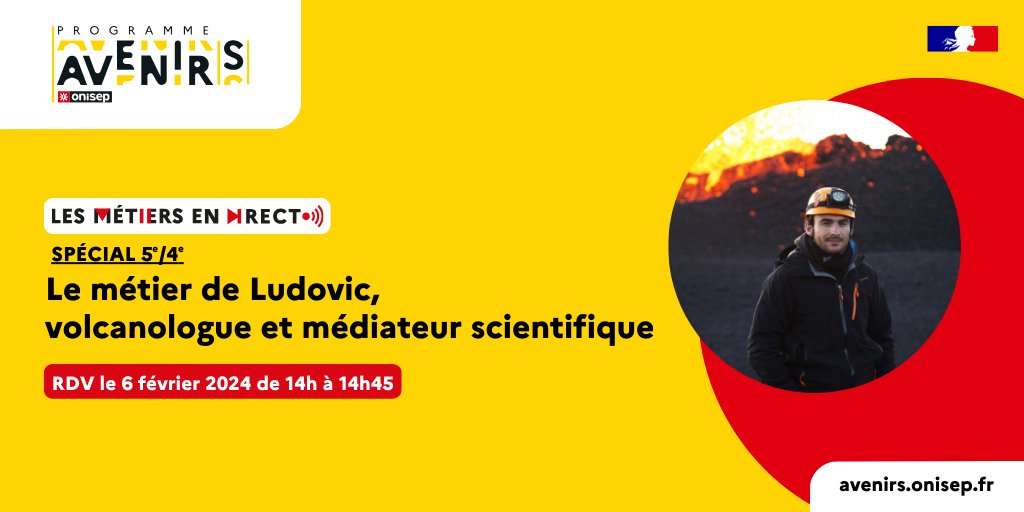 #équipeséducatives #métiersendirect
📌L'Onisep propose aux classes de #5e et #4e une visioconférence avec un #volcanologue et médiateur scientifique, pour parler de son métier 📅 VENDREDI 6/02 🕓 14 h -14 h 45 h 🔊 Ludovic ✍️ ow.ly/phMJ50PKaHZ
#orientation #collège #Avenirs