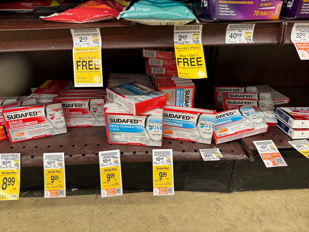Hey, <a href="/Safeway/">Safeway</a>, why do you continue to sell Sudafed containing phenylephrine, after the <a href="/US_FDA/">U.S. FDA</a> said in September 2023 said it doesn't work? See: nytimes.com/2023/09/12/wel…
Photos from 11/5/23 and 1/8/24 show included. <a href="/saalevine/">Samuel Levine</a> <a href="/FTC/">FTC</a>