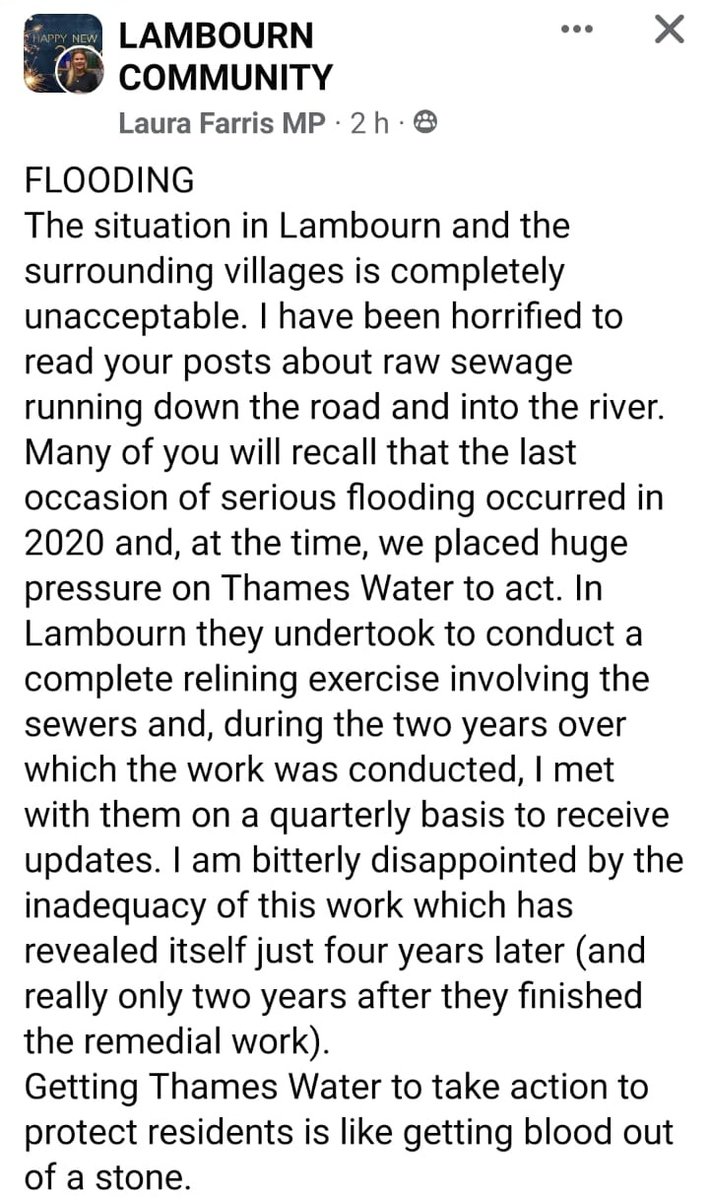 This from our MP <a href="/Laura__Farris/">Laura Farris</a> who repeatedly failed to vote for measures that would have gone some way to force <a href="/thameswater/">Thames Water 💧</a> to do more.
It must be the run up to a general election where the votes in #Lambourn will be crucial.
<a href="/Feargal_Sharkey/">Feargal Sharkey</a> <a href="/GreenJennyJones/">Jenny Jones</a>
#Sewageparty
