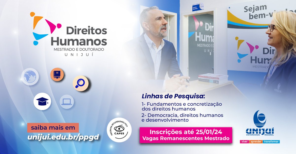 Unijui's tweet photo. Pretende dar continuidade nos seus estudos? Ainda dá tempo se inscrever para a seleção do Mestrado em Direito da Unijuí.

São apenas 8 vagas remanescentes disponíveis.

Para transcender o seu conhecimento, acesse: https://t.co/7D5N3lIwIO https://t.co/NLRz6cICUf