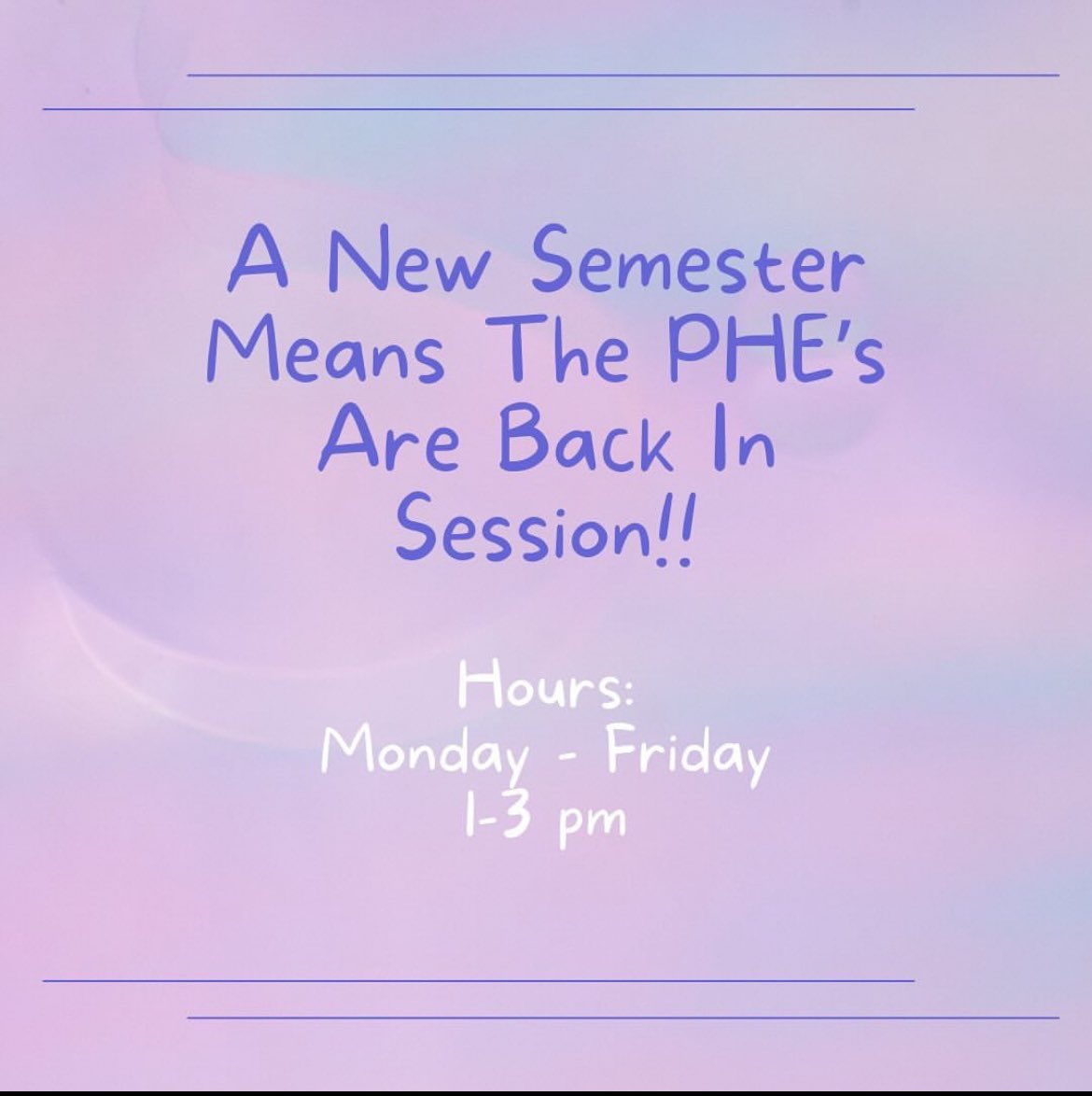 PeerHealthSMCM's tweet photo. Welcome back SMCM! The PHE’s are back in session for the spring semester. Reminder that our walk-in hours are 1-3 Monday-Friday. We have a lot of events coming up this semester, so be on the lookout! Good luck everyone :) https://t.co/aGQLCITT6i