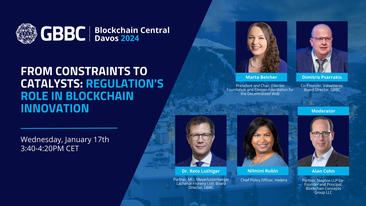 Join us for, “From Constraints to Catalysts: Regulation’s Role in Blockchain Innovation” with @MartaBelcher, @dpsarrakis , @RetoLuthiger, @nilminirubin, and @fifteencharlie at Promenade 84A. Register here 👇 linktr.ee/gbbcblockchain…