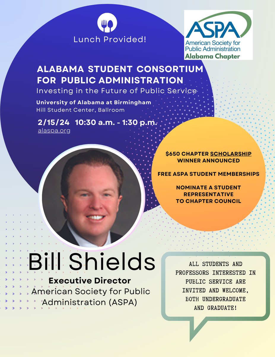 Alabama students and professors with an interest in public service are invited to join us for lunch and professional development!

Date: February 15, 2024
Time: 10:30am - 1:30pm
Location: <a href="/UABNews/">UAB</a>, Hill Student Center, Ballroom

Free Registration: forms.gle/bCS6YQZToJjSuC…
