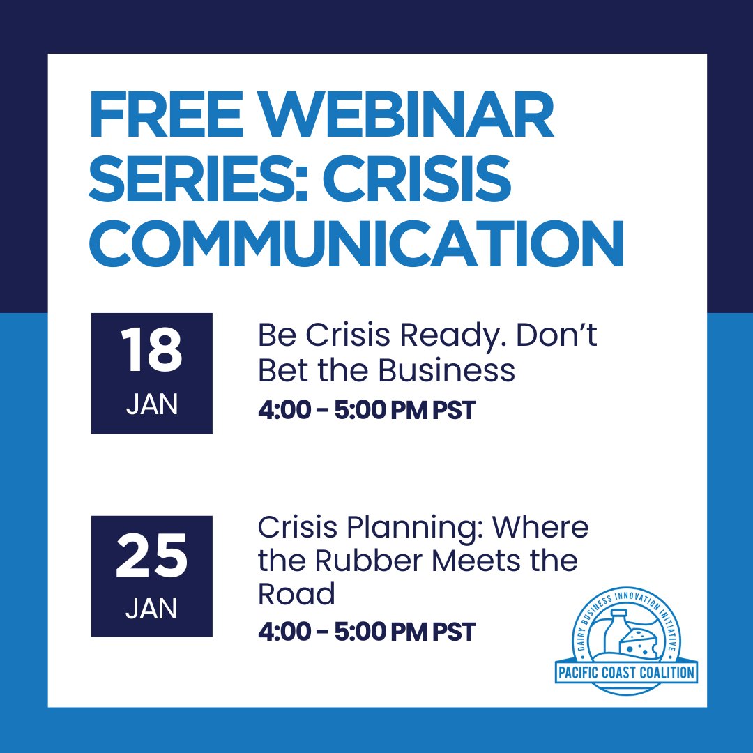 DairyPCC's tweet photo. NEW OPPORTUNITY through the PCC network! Join Amy Philpott, the founder and Chief Brand Protector at Philpott PR Solutions LLC, to review crisis planning, how to do it, and why it is so important given the current food safety regulatory environment and consumer perceptions! https://t.co/aP1umuuMeL