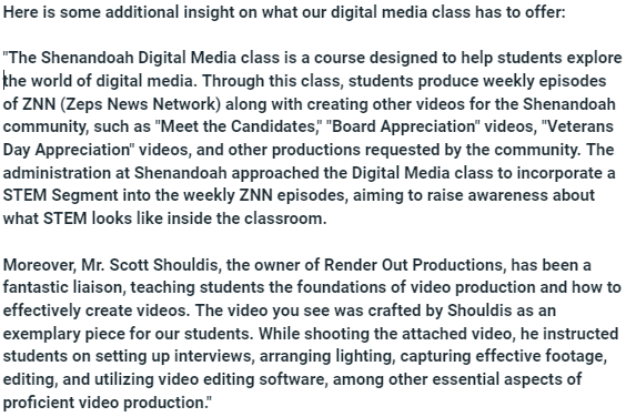 NobleLocal_SD's tweet photo. Exciting times in the world of digital media here @ SHS! Here is a link from one of their most recent projects where they discuss how STEM is directly tied to their coursework: https://t.co/X0yxT3IJcg

@StaceyGaydos1 #STEM #nobleimpact 🟢 https://t.co/NB2R8D3aVr