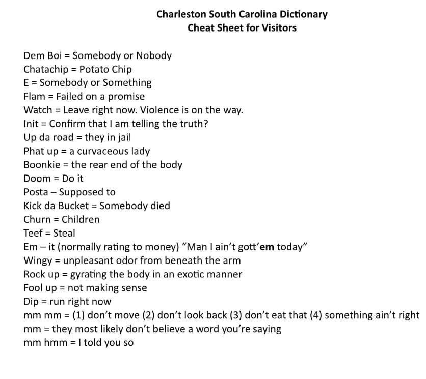 GeecheeBee843's tweet image. Spring coming in fast so yall tourist here a cheat sheet to help you understand this Geechee lingo!! #Readslow #comprehendfaster
