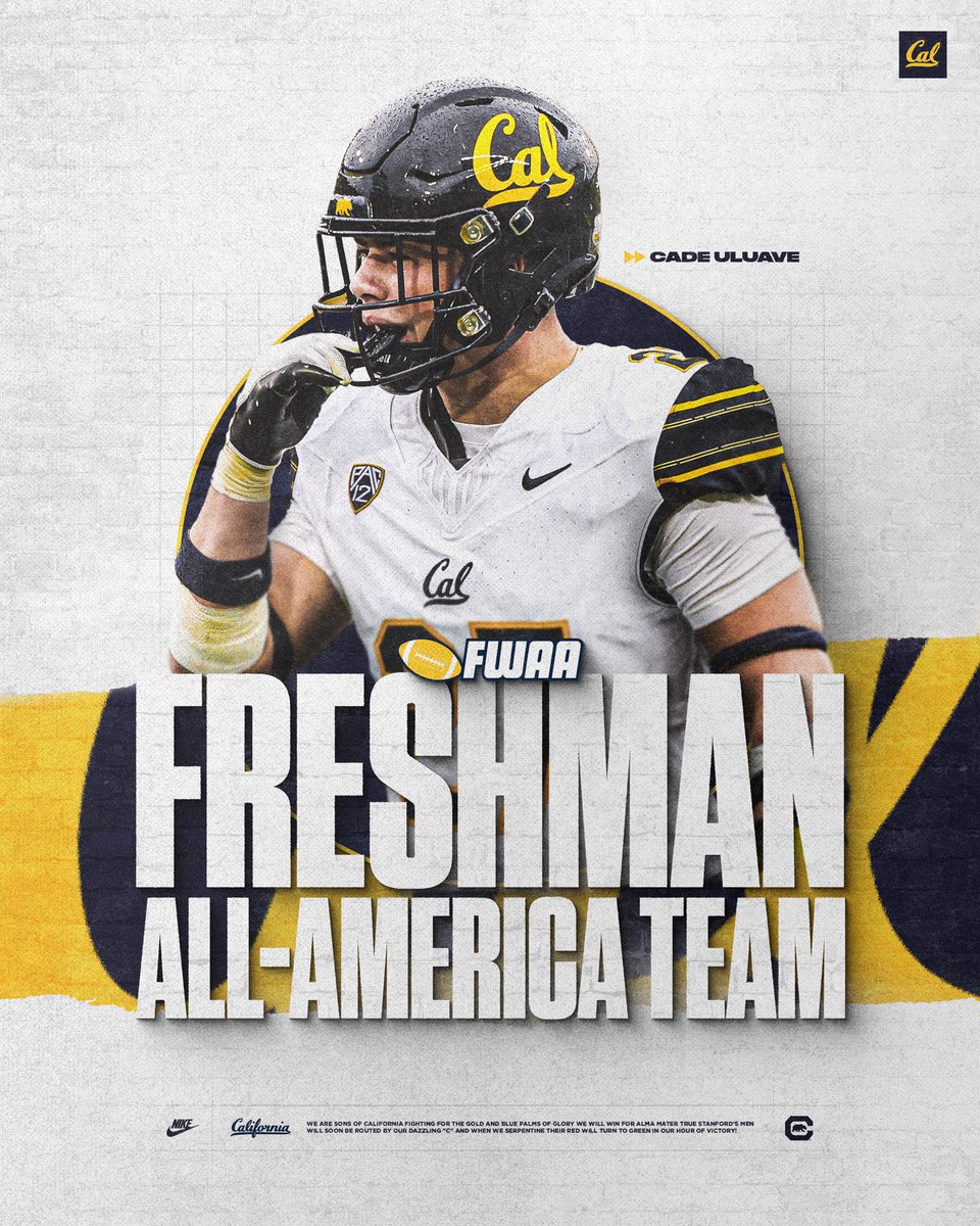 CalFootball's tweet photo. 𝐅𝐖𝐀𝐀 𝐅𝐫𝐞𝐬𝐡𝐦𝐚𝐧 𝐀𝐥𝐥-𝐀𝐦𝐞𝐫𝐢𝐜𝐚 🏅

@cadeuluave 

#GoBears https://t.co/ojssrSOaAy