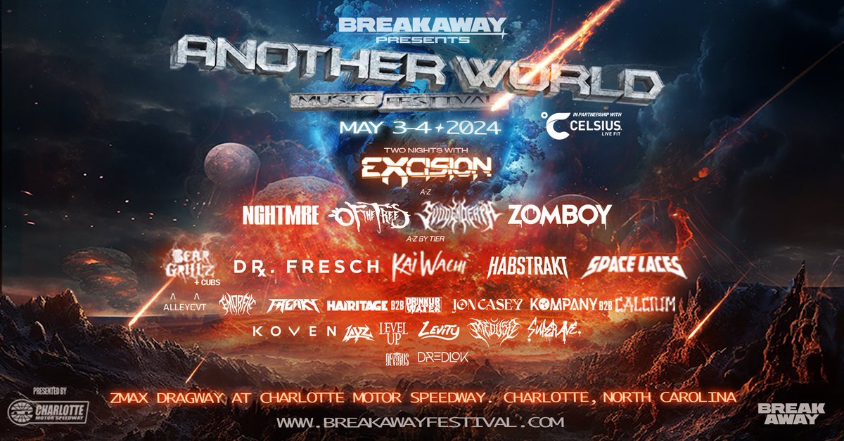 CAROLINA! It’s finally time - we’re dropping the FULL lineup for Breakaway Presents: Another World 🔊☄️ We’re hyped to bring these artists to zMAX Dragway at Charlotte Motor Speedway on May 3-4! General tickets go on sale Friday, 1/19 at 10am ET!
