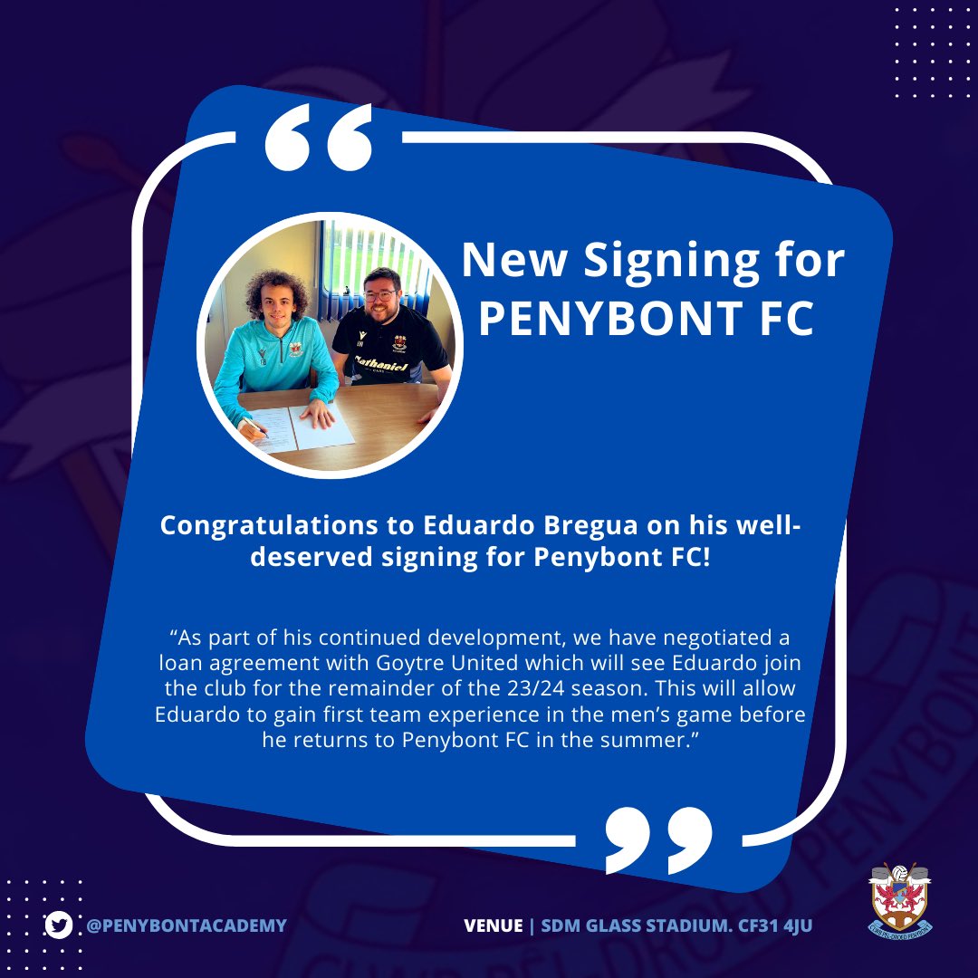 Penybontacademy's tweet photo. Academy Manager Leon Williams says, “I’m really pleased that Eduardo has signed a professional contract with the club. Having worked closely with Eduardo over the past two years it’s clear to see the talent that he possesses”.

#penybontfc https://t.co/VurPtoHbnG
