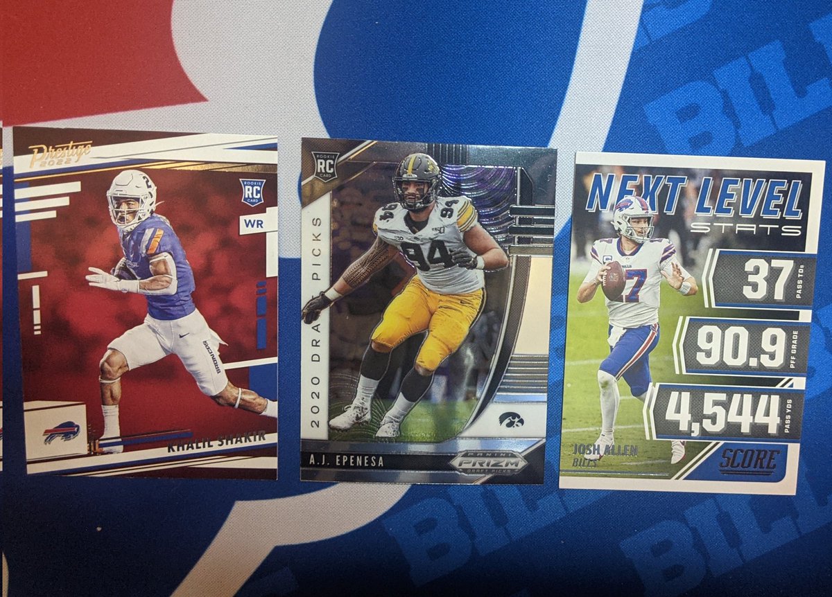 IestynTHarris's tweet photo. In honour of a remarkable performance last night, I'm giving away #Bills cards to 3 winners! A Khalil Shakir rookie card, AJ Epenesa rookie card, and Josh Allen stats card (2021).

To enter:
1) Follow Me
2) RT this

That's all! Winners announced Thursday, stay tuned #BillsMafia https://t.co/BLVDlLUKsJ