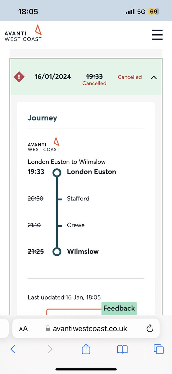 johnmorgansound's tweet photo. @AvantiWestCoast why is the 19:33 from Euston to Wilmslow cancelled? Your website just repeats the same information twice about escalators https://t.co/U5Lmz8oigd