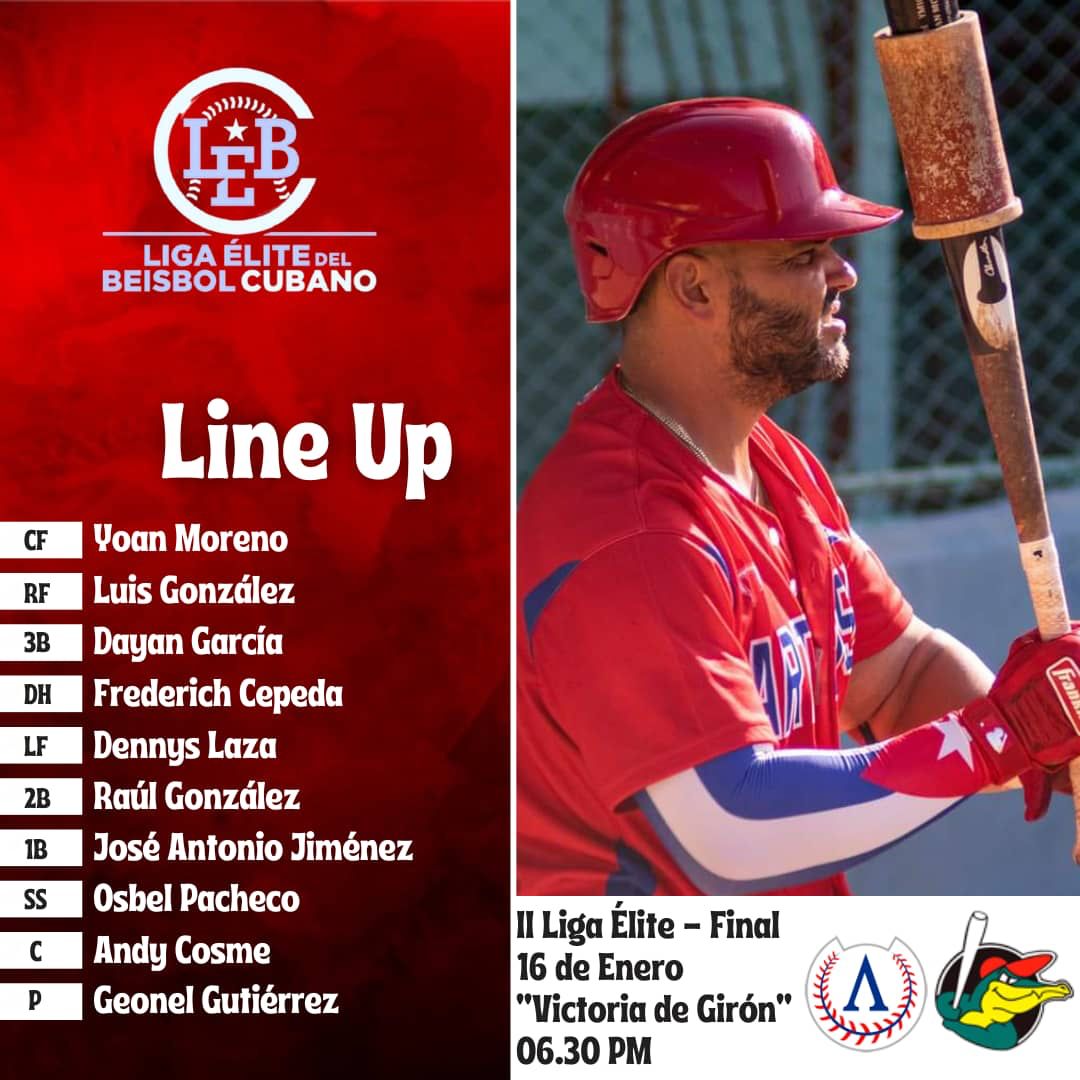 CazadoresART's tweet photo. ☑️🏹 Alineación de los Cazadores de ARTEMISA para el primer juego de la Final ante los Cocodrilos de Matanzas.

#Cuba #Béisbol #Final #LEBC #LigaÉlite https://t.co/yjGQStSim2