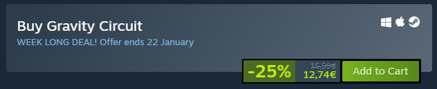 In case you've missed it, Gravity Circuit is again on sale on Steam, until 22nd!

Steam page: store.steampowered.com/app/858710/Gra…