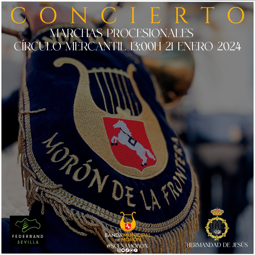 MunicipalMoron's tweet photo. 🗓𝐂𝐎𝐍𝐂𝐈𝐄𝐑𝐓𝐎🗓

El próximo domingo 21 de enero, a las 13:00h participaremos junto a nuestros amigos de @FuensantaMoron en el concierto de marchas procesionales que organiza nuestra hermandad @nazarenodemoron en el círculo mercantil.

🟡#suenamoron https://t.co/19XDmVN9Ct
