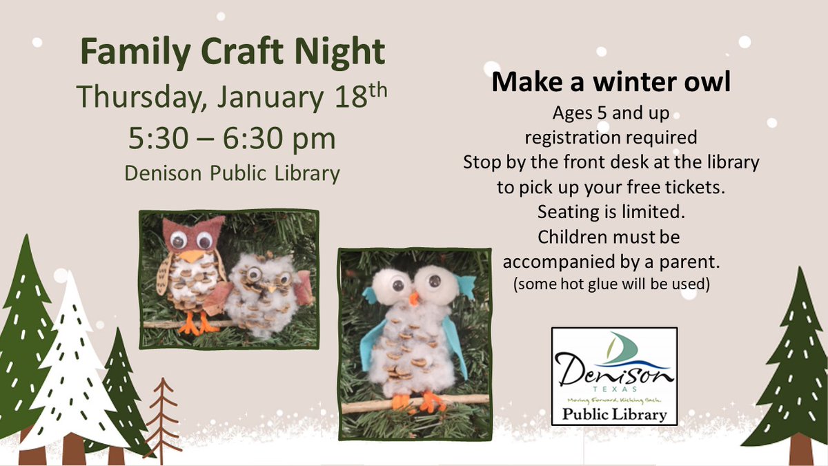 Denison_Library's tweet photo. The family craft night will continue as scheduled this Thursday.     We still have some seats available!  Ask at the library front desk to reserve a seat. https://t.co/JQ9nUeEFBB