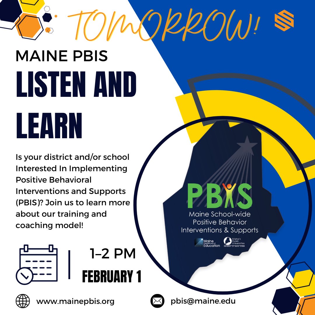 Maine_PBIS's tweet photo. Tomorrow is the day! Join us at our Listen &amp; Learn session on to learn more about the #MainePBIS Tier 1 training model and how you can be a part of our next cohort. Register here: https://t.co/ukYt9pkAhy

@mdoenews https://t.co/pktYLyrIDS