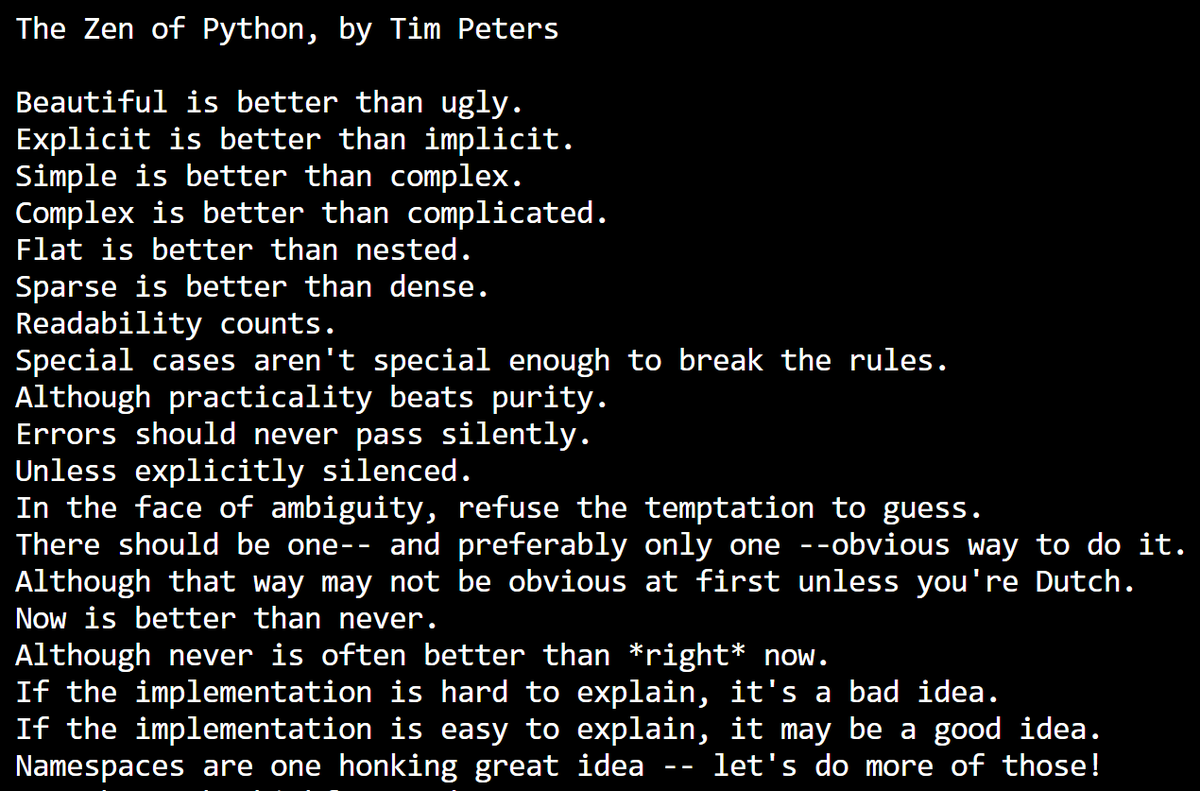 Rohitkumbh46039's tweet photo. #Easter_egg
found an easter egg on python if we type import this then python will give you this poem called Zen of Python. :- https://t.co/tY0AoKhgpR