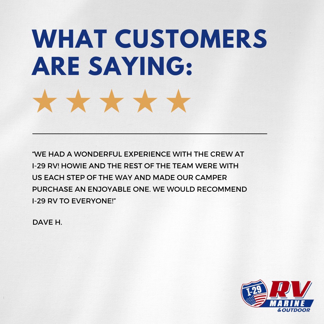 I29RVs's tweet photo. We are honored to receive such kind words from our satisfied customers. Our team I29 RV, Marine &amp; Outdoor strives to provide exceptional service and we're glad to hear we succeeded in making your camper purchase an enjoyable one. https://t.co/aNVa47MEiP