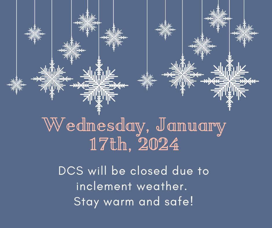 DCS will be closed again tomorrow (1-17-24). Stay warm and safe!  <3
#theHope  #TeamDCS #ChargerNation #lilChargers
