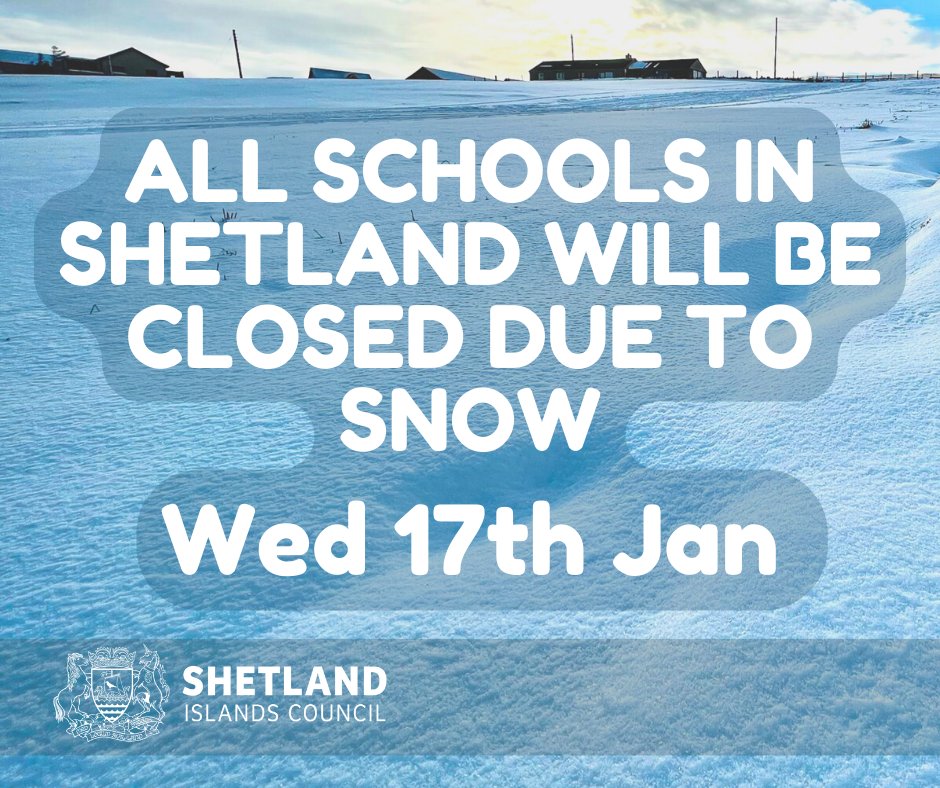 With wintry conditions expected to continue, a decision has been taken that all #SICSchools & #ELC settings will be CLOSED tomorrow (Wed 17th) ❄️ Public bus passengers should also check the Voicebank before travelling on 01595 745744 ☎️ #Shetland shetland.gov.uk/news/article/2…