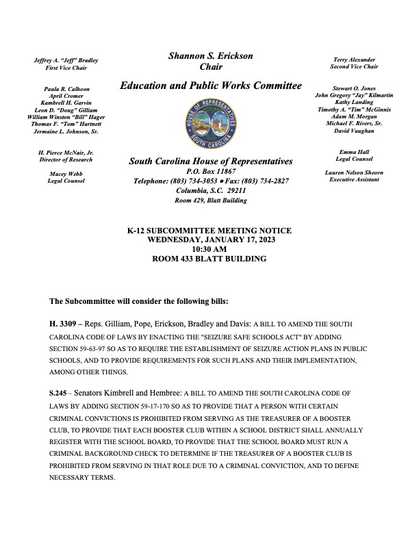 scepilepsy's tweet photo. URGENT REQUEST! We learned that our bill, H.3309, will be heard and considered by the K-12 Subcommittee Meeting TOMORROW (January 17) at 10:30am in Room 433 of the Blatt Building in Columbia.  We realize this is very short notice, but if you are able to be there, please join us! https://t.co/NYAI7mMKW4