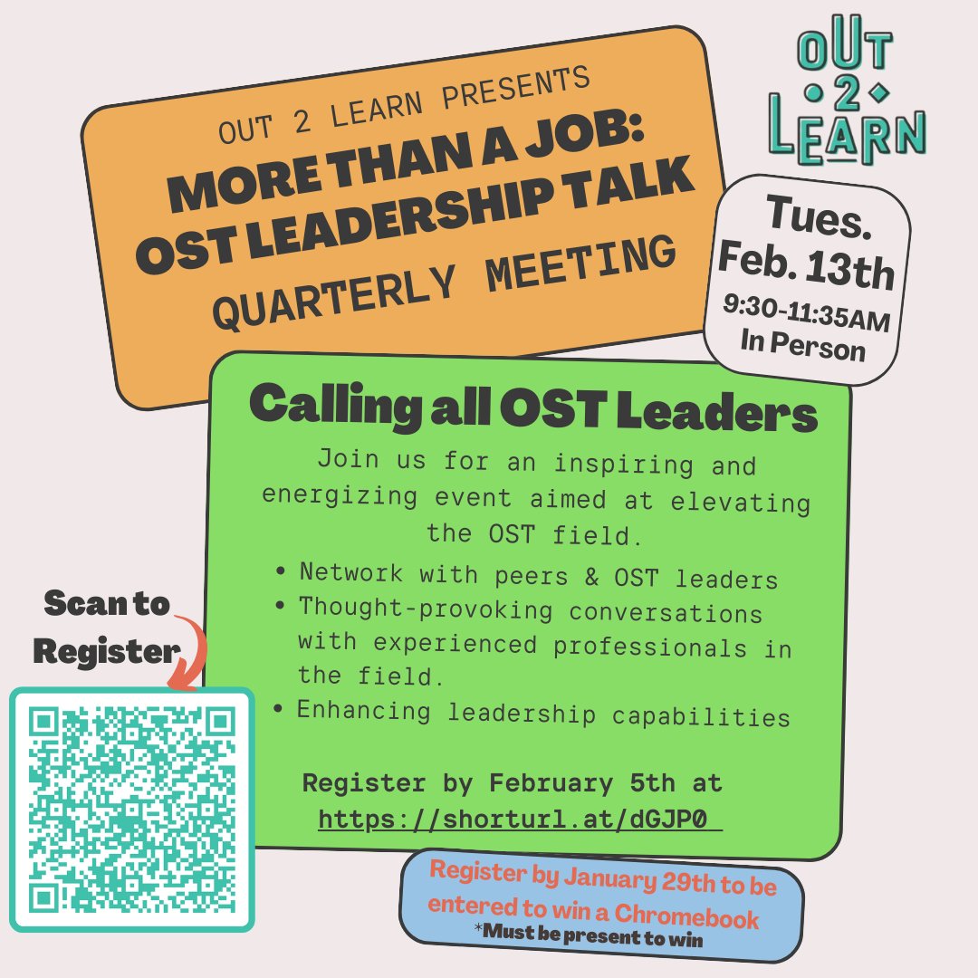 Out2LearnHOU's tweet image. Registration for our February Quarterly Meeting is open now through February 5th! Register Today at shorturl.at/dGJP0 Those who register by 1/29 will be entered to win a FREE chromebook (MUST be present to win)
#Out2Learn #O2L #QuarterlyMeeting #OST #outofschooltime