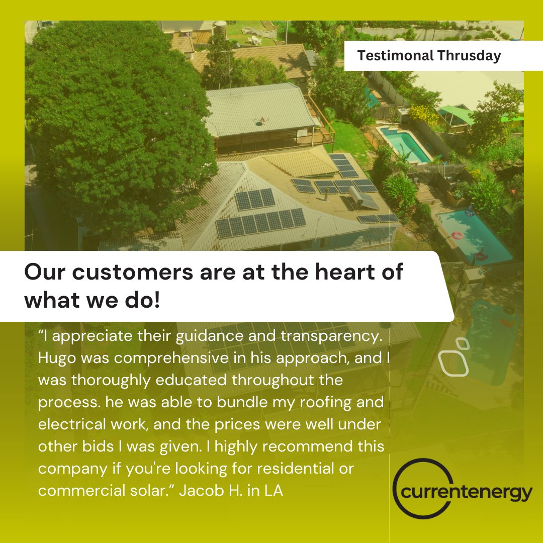 Current_Energy_'s tweet photo. Our customers are at the heart of what we do. #SolarChampion #TestimonialTuesday 
I appreciate their guidance and transparency. Hugo was comprehensive in his approach, and I was thoroughly educated throughout the process. he was able to bundle my roofing and electrical work, and the prices were well under other bids I was given. I highly recommend this company if you're looking for residential or commercial solar.