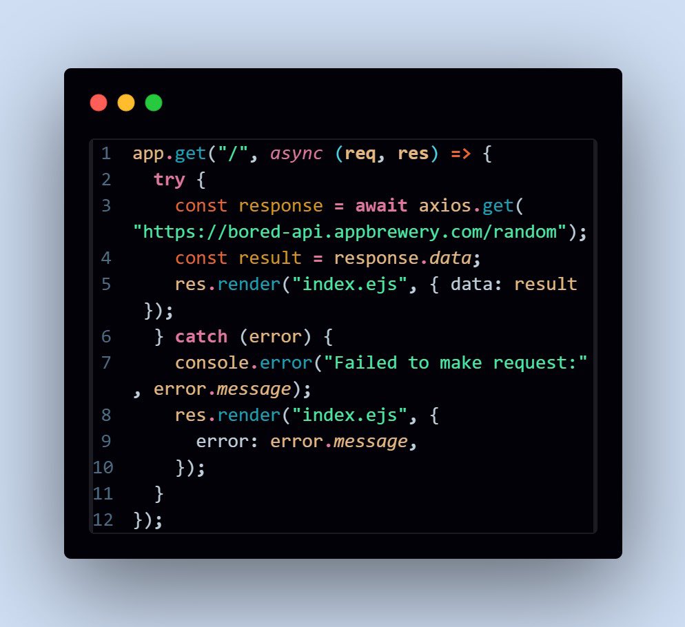 ItsnamanArora's tweet photo. ⚡️Supercharge your web development with #Axios! 🚀 The ultimate HTTP client for making requests in JavaScript, whether you're in the browser or Node.js. Simplify your code, handle promises effortlessly! 🌐💻
#100DaysOfCode #Day16 #CONNECT https://t.co/VwT16T57Ta
