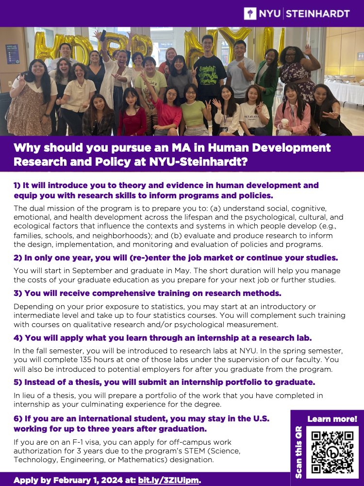 📢 TWO WEEKS LEFT to apply to @nyusteinhardt's MA in Human Development Research and Policy! ⏰ Apps are due on Feb 1 by 11:59 p.m. EST 🗒️ Learn what you need to apply: steinhardt.nyu.edu/degree/ma-huma… 📭 E-mail us your application questions at: hdrp-steinhardt@nyu.edu.